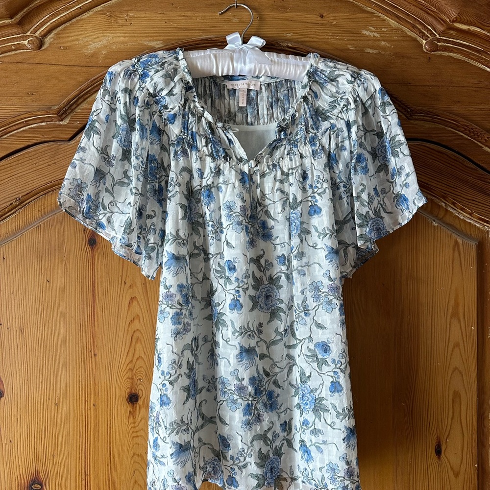 Rebecca Taylor Floral Blue and White Women's Top blouse Size 4 A12